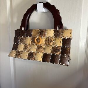 Brown & Tan Woven Handbag – Natural Coconut Shell Accents, Handmade Style